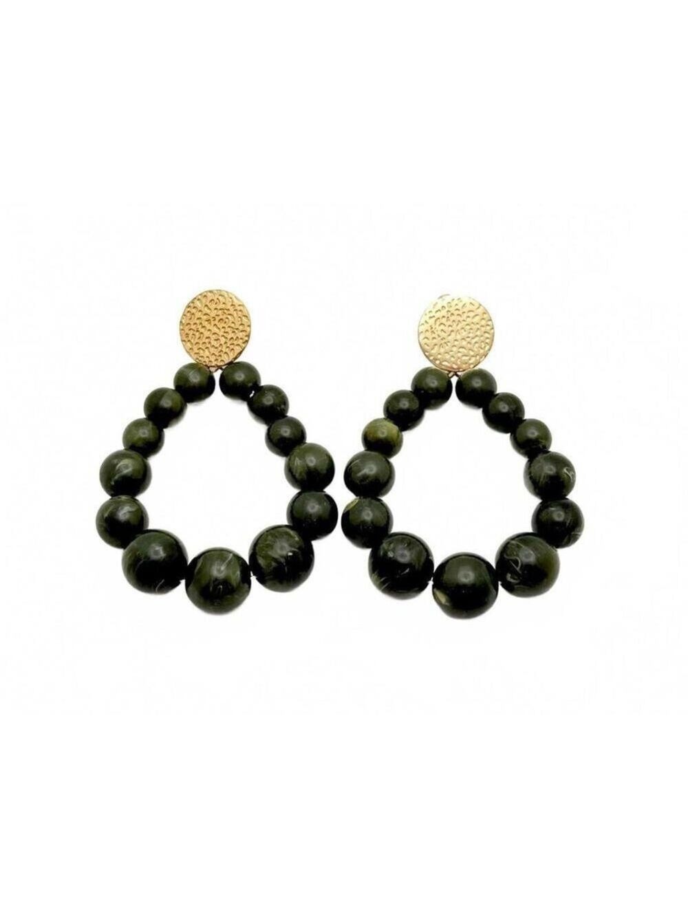 Green Stone Beaded Hoop Earrings Gold Tone Stud Drop Statement Jewelry